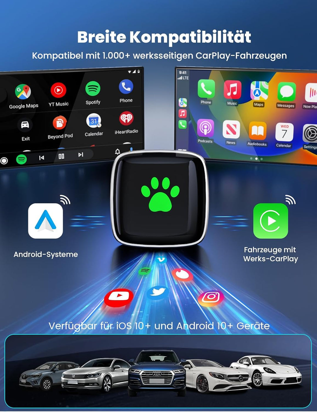CarPlay Wireless Adapter für Apple 2026 Upgrade, Wired zu Wireless CarPlay, USB & Type-C Dual-Port,