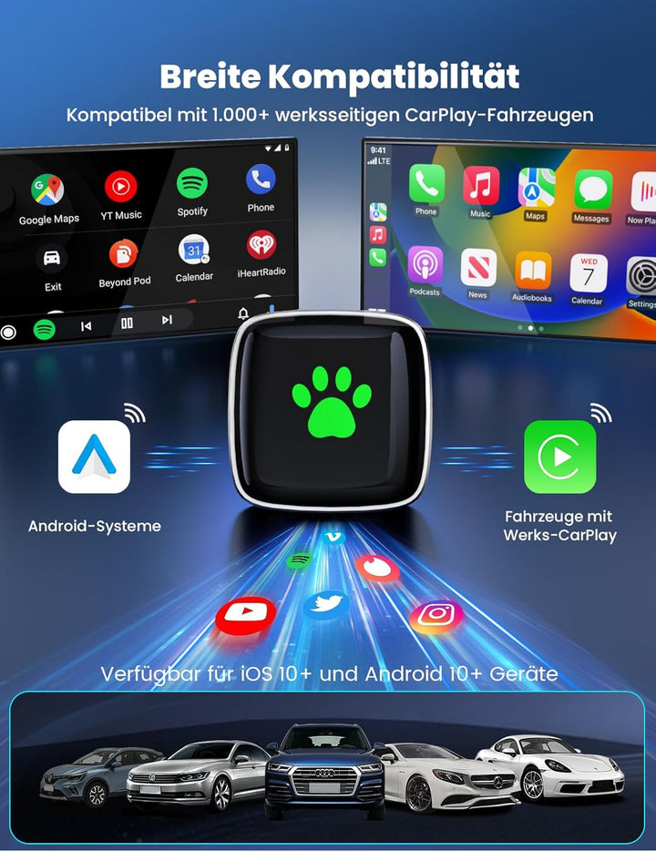 CarPlay Wireless Adapter für Apple 2026 Upgrade, Wired zu Wireless CarPlay, USB & Type-C Dual-Port,