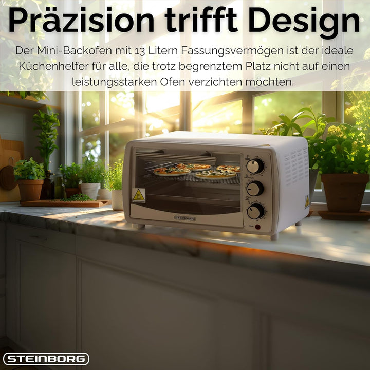 Mini Backofen 13 Liter | 1200 Watt | Pizzaofen | 65°-230°C | Timer | aufklappbares Krümelblech | Min