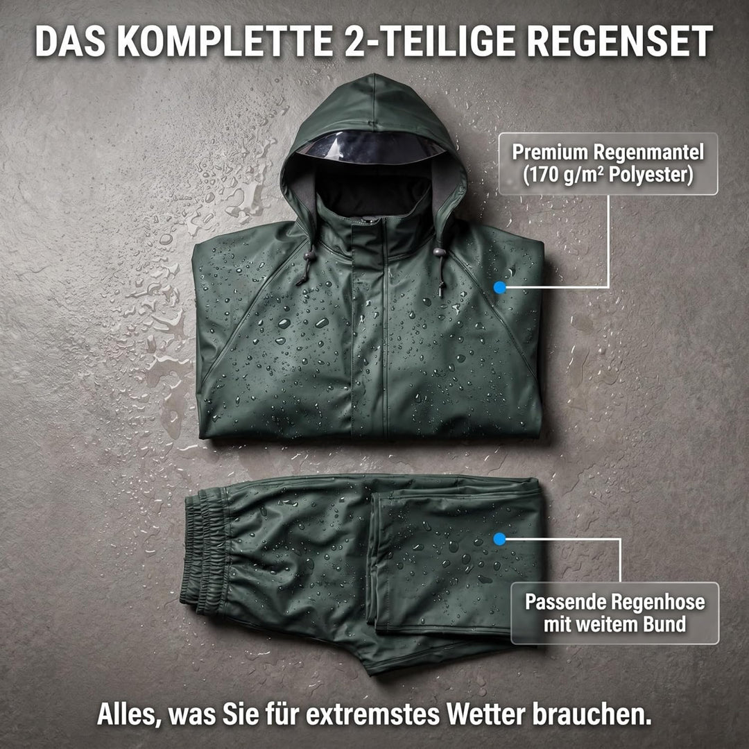 NEO TOOLS Herren Regenset, Regenmantel mit Kapuze und Regenhose, Gr. M-XXXL, verklebte Nähte, Reissv