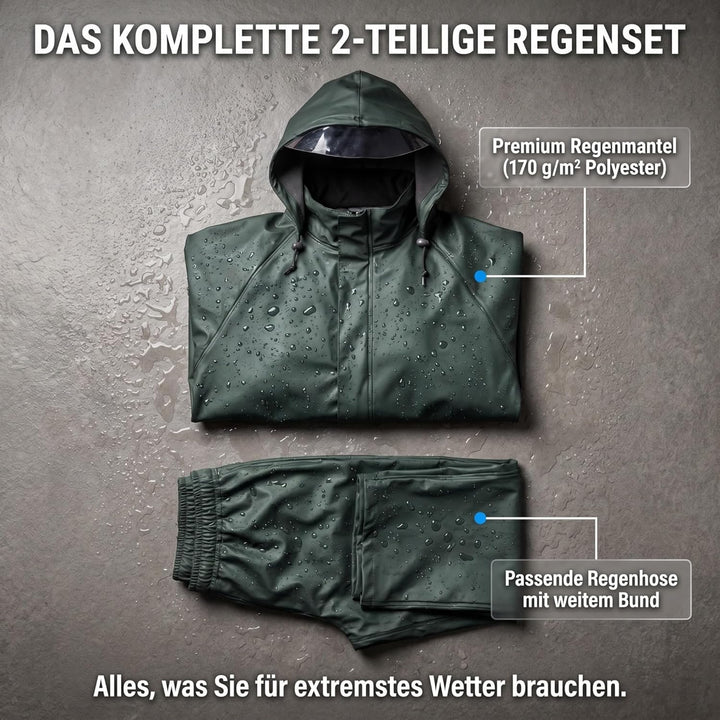 NEO TOOLS Herren Regenset, Regenmantel mit Kapuze und Regenhose, Gr. M-XXXL, verklebte Nähte, Reissv