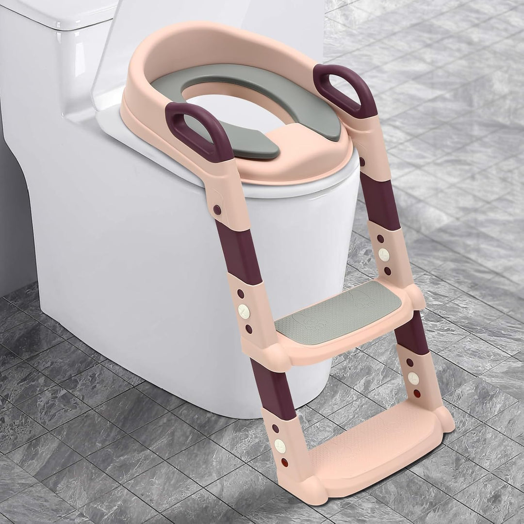 Toilettensitz Kinder mit Treppe, 2 in 1 Toilettenaufsatz Kinder mit PU-Sitzkissen, Verstellbar Toile