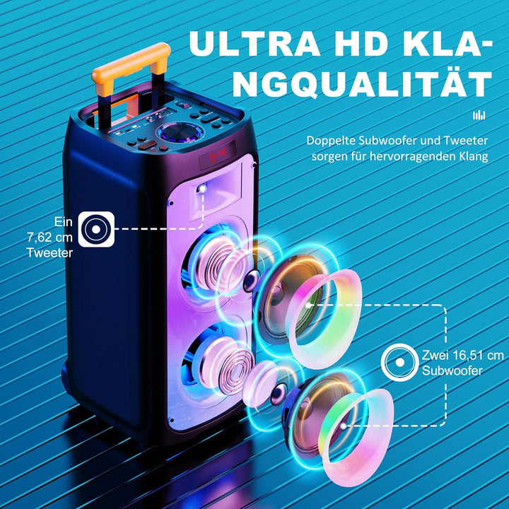 JYX Karaoke Anlage mit 2 drahtlosen Mikrofonen, Grosser Karaoke Lautsprecher Bluetooth mit Rädern un