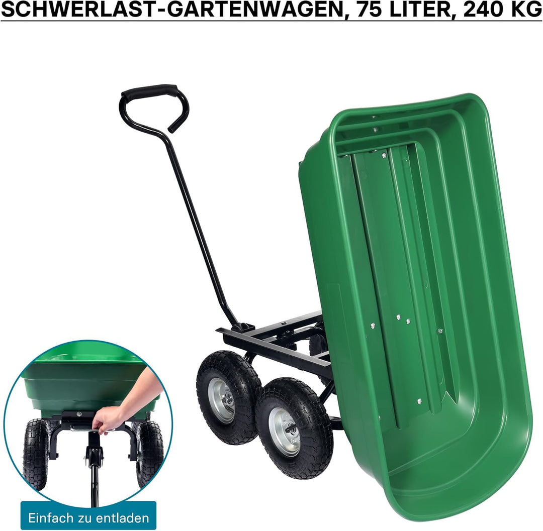 Wiltec Gartenwagen mit Kippfunktion bis 240 kg, Handwagen mit 75 l Volumen, Bollerwagen für Gartenar