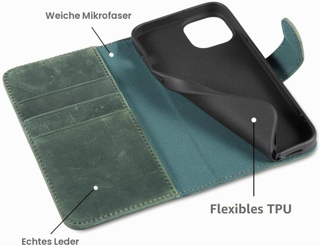 LENSUN Lederhülle für iPhone 13, Echtleder Handyhülle [Wallet Fach][RFID Schutz][Echtes Leder] Hülle