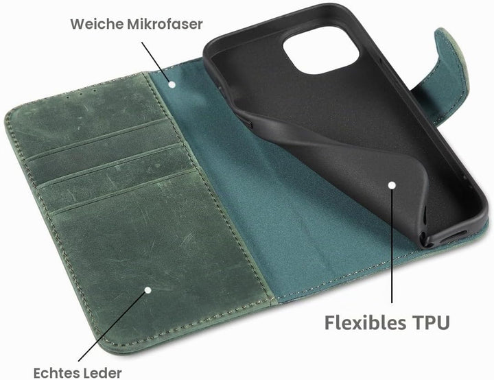 LENSUN Lederhülle für iPhone 13, Echtleder Handyhülle [Wallet Fach][RFID Schutz][Echtes Leder] Hülle