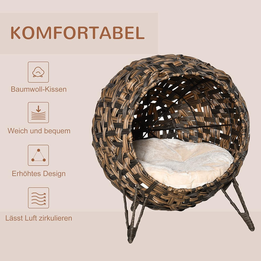 PawHut Katzenhaus aus Rattan mit Kissen Katzenschlafplatz Katzenhöhle mit erhöhten Füssen Braun Ø52