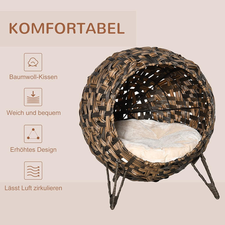 PawHut Katzenhaus aus Rattan mit Kissen Katzenschlafplatz Katzenhöhle mit erhöhten Füssen Braun Ø52