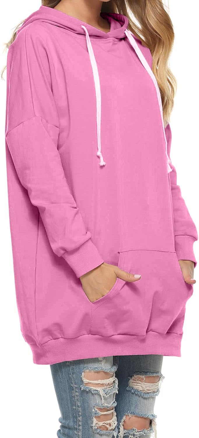 Famulily Damen Oversized Hoodie Kleid Baumwolle Lang Sweatshirt mit Kapuze Einfarbige Kapuzenpullove