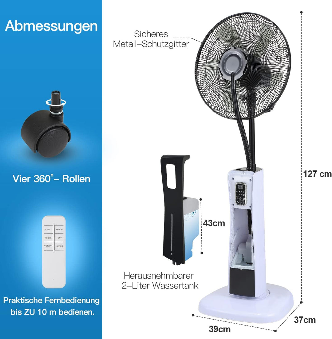 Ventilator mit Wasserkühlung, Standventilator, Ventilateur brumisateur mit Fernbedienung, Timer Stan