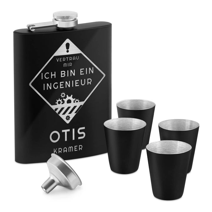 Maverton Flachmann 200 ml mit Gravur - Geschenkset mit 4 Schnapsgläsern 20 ml und Trichter - persona