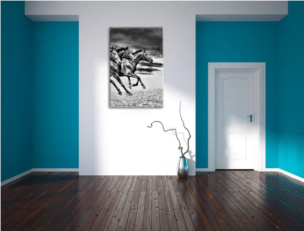 Pixxprint Monocrome, DREI Wilde Westernpferde, Format: 100x70 auf Leinwand, riesige Bilder fertig ge