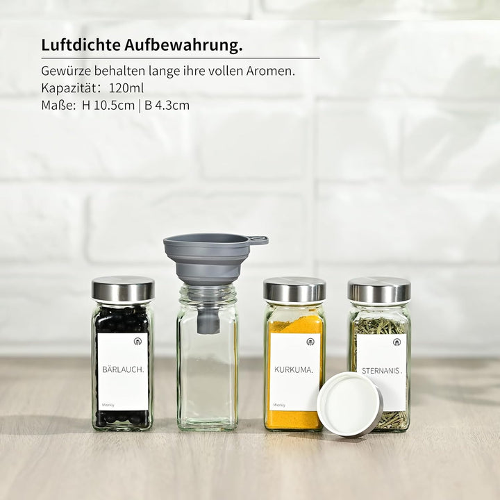 Miorkly Gewürzgläser Eckig mit Streueinsatz, Edelstahl Deckel Gewürzdosen Set 120ml,24 Gewürzgläser
