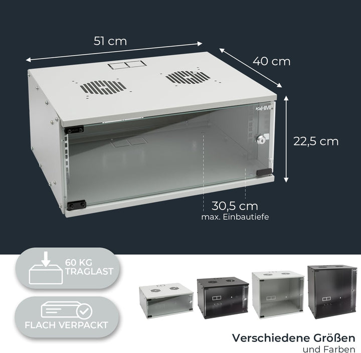 HMF 65704-07 Netzwerkschrank, Serverschrank 19 Zoll | 4 HE | 400 mm Tiefe | Glastür | Lichtgrau 4 HE