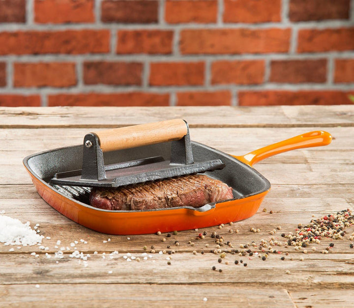 Rosenstein & Söhne Grillpresse: 2er-Set BBQ-Fleischbeschwerer & Burgerpressen, emailliertes Gusseise