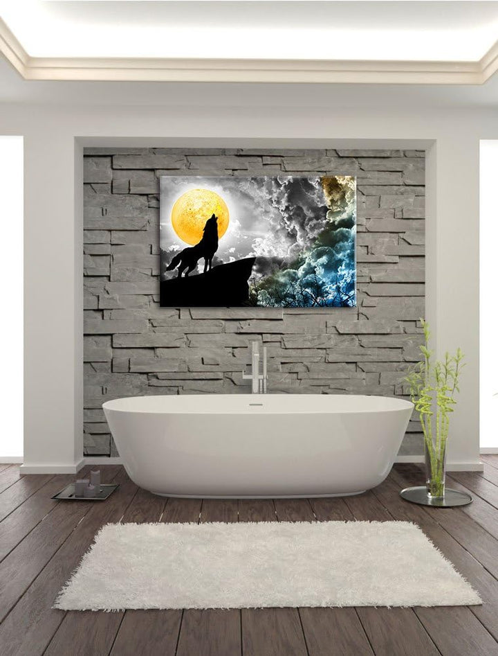 Dark Mystischer Wolf im Vollmond schwarz/weiss Format: 100x70 cm auf Leinwand, XXL riesige Bilder fe