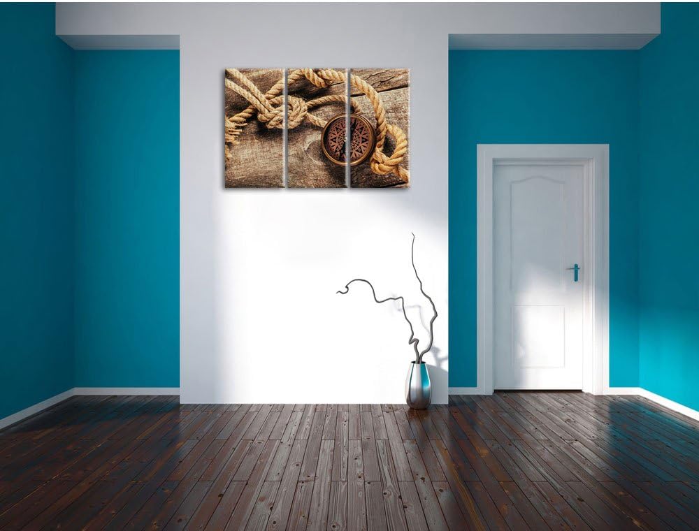 Pixxprint Schiffseil und Kompass auf Holzuntergrund 3-Teiler Leinwandbild 120x80 Bild auf Leinwand