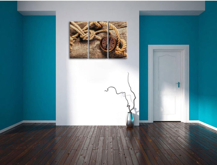 Pixxprint Schiffseil und Kompass auf Holzuntergrund 3-Teiler Leinwandbild 120x80 Bild auf Leinwand