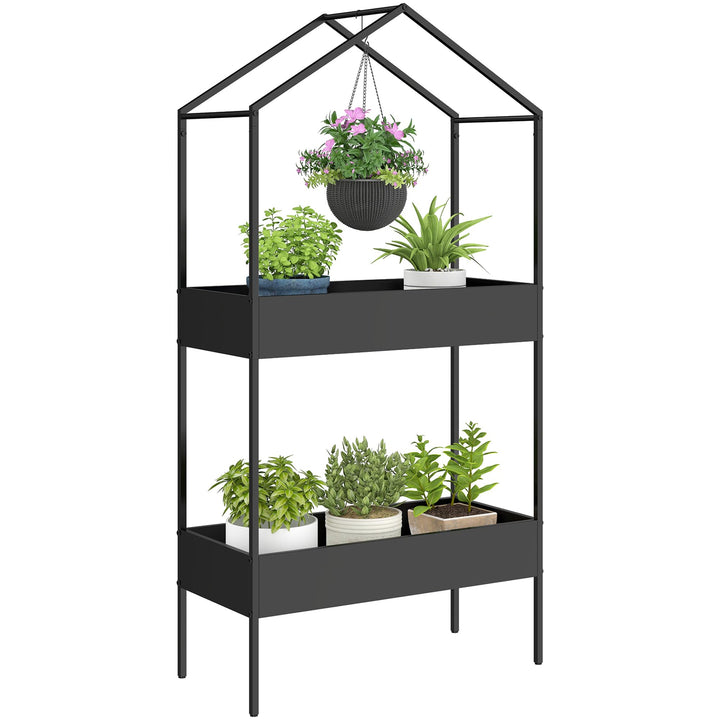 Outsunny 2-Etagen Pflanzenständer in Hausform, 150 cm hoch Blumenständer mit Haken, Metall Pflanzenr