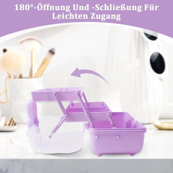 3 Etagen Schmuckbox Kinder, Haarschmuck Aufbewahrung Lila mit transparentem Deckel, 180 Grad Öffnung
