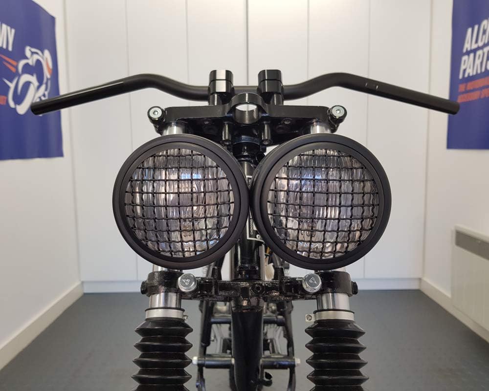 Alchemy Parts Motorrad Scheinwerfer mit Netz Gitter Schwarz Dual Halogen 35W Dominator Warrior Bandi