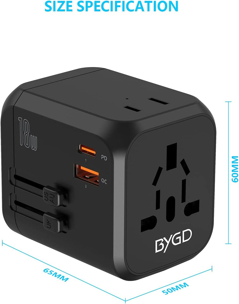 BYGD Reiseadapter Weltweit, Universal Steckdosenadapter Mit 3 USB Ports und AC, Reisestecker Adapter