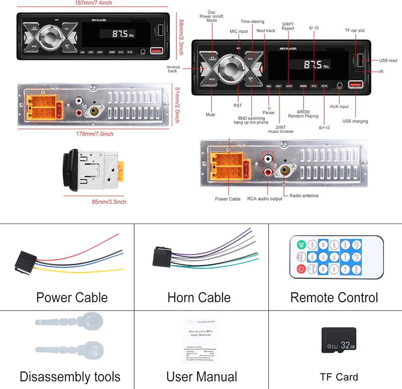 Autoradio 1 Din Bluetooth Autoradio mit Bluetooth Freisprecheinrichtung FM Radio/USB/TF/Aux in/RCA/4