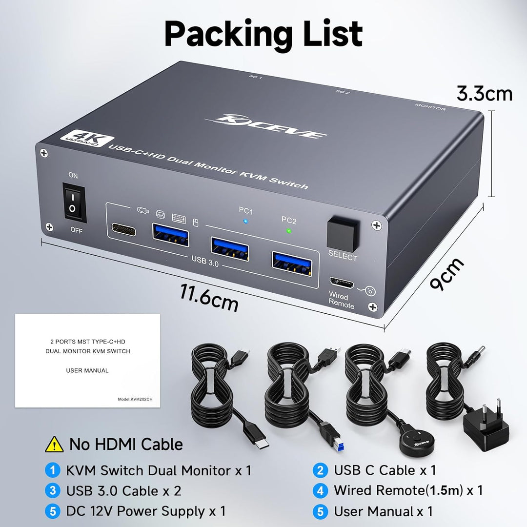 4K KVM Switch 2 Monitore für 1 Laptop 1 Desktop, USB 3.0 KVM Switch 2 PC 2 Monitore USB C, 4K@60Hz,