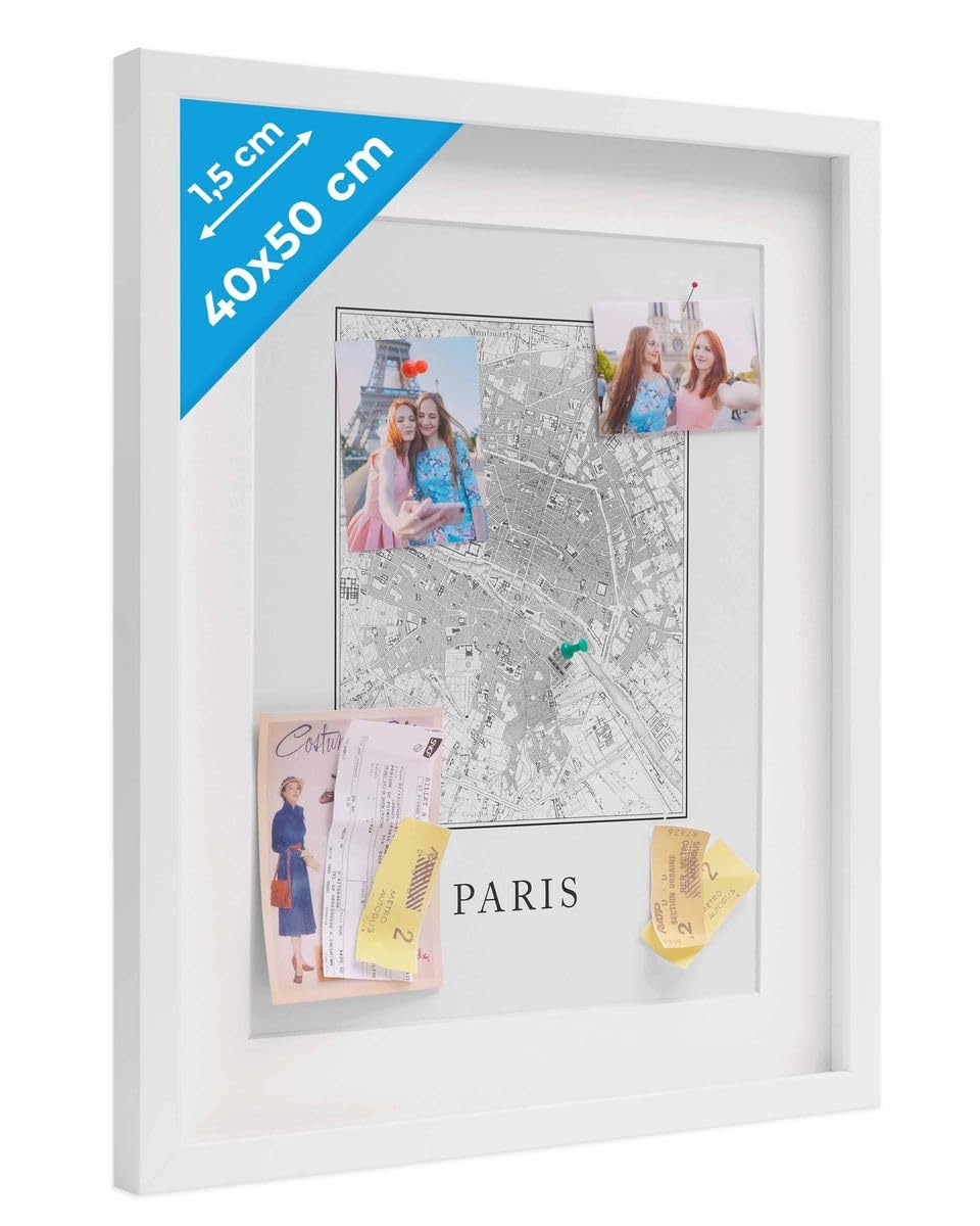 PHOTOLINI 3D Bilderrahmen zum Befüllen 40x50 Weiss gross, 1,5 cm tiefer Objektrahmen mit Glas, tiefe
