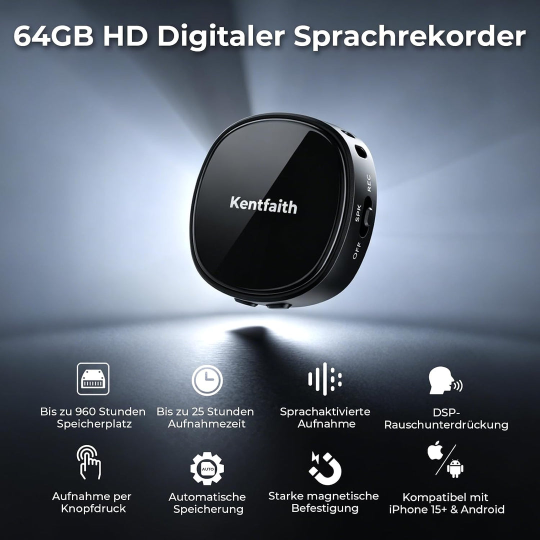 Kentfaith 128GB Magnetischer Diktiergerät, Diktiergerät Mini mit DSP-Rauschunterdrückung, 25 Stunden