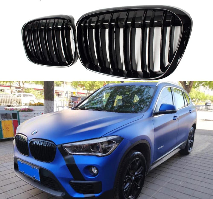 HZTWFC Ein Paar glänzender schwarzer Dual-Schiefergrilles Frontstossstange Nierenkühler für BMW x1 F