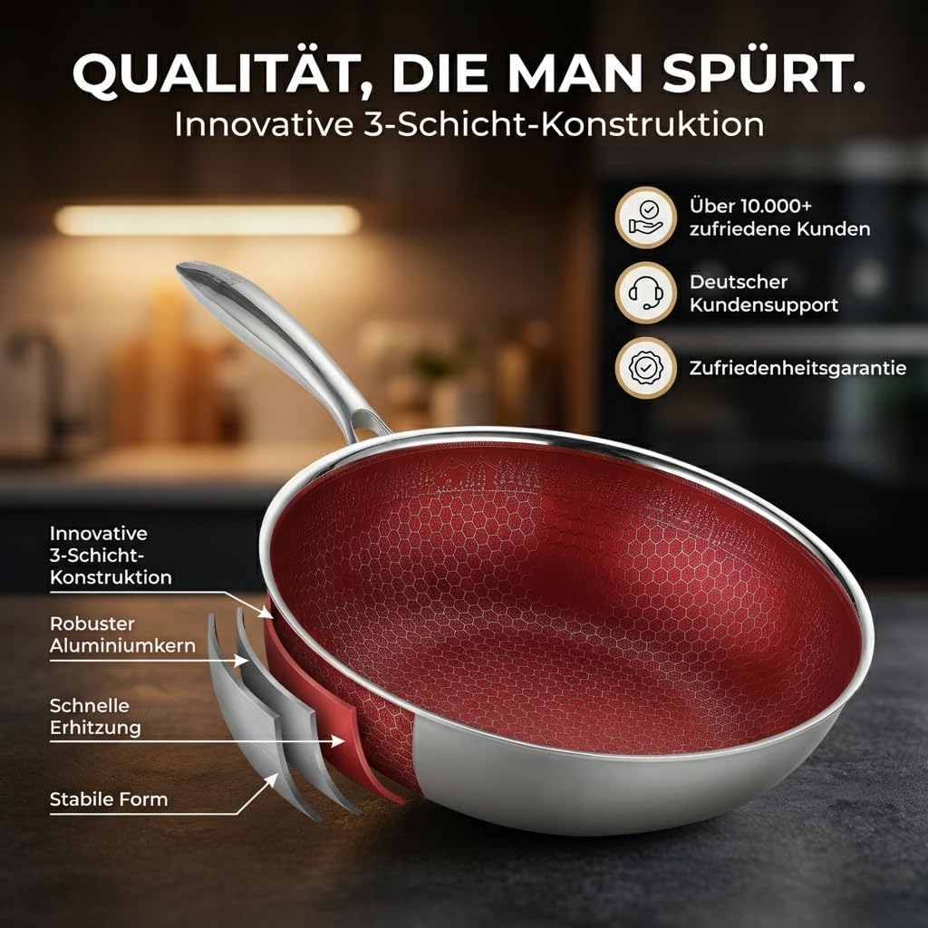 FIXLINE® Black Forest Wokpfanne 28cm - RED Edition - kratzfeste Beschichtung - alle Herdarten inkl.
