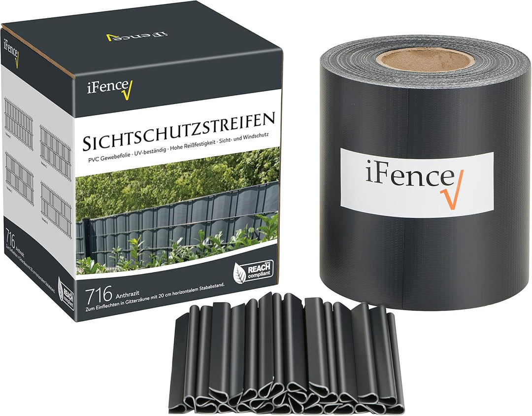 iFence Sichtschutzstreifen 50 Meter x 19 cm inkl. 30 Clips - diverse Farben (50 m, Anthrazit), Anthr