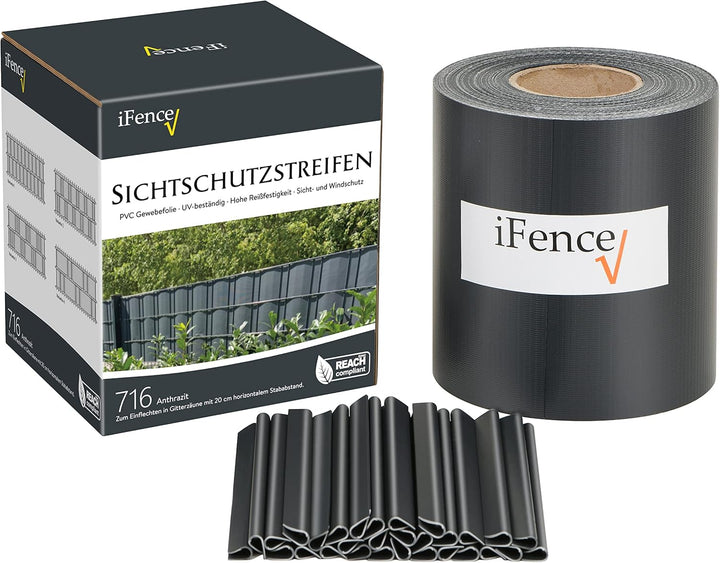 iFence Sichtschutzstreifen 50 Meter x 19 cm inkl. 30 Clips - diverse Farben (50 m, Anthrazit), Anthr