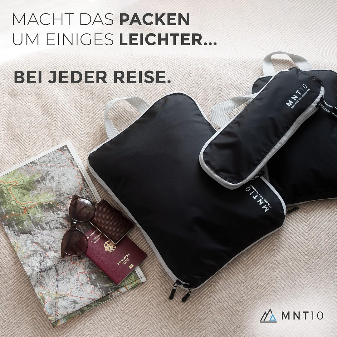MNT10 Packtaschen recycelt mit Kompression S, M, L, XL I Packwürfel mit Schlaufe als Koffer-Organize