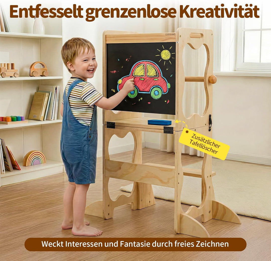 COSYLAND Montessori Lernturm Kinder ab 1 Jahr, klappbarer Lernturm 3 in 1 mit Tafel, Learning Tower