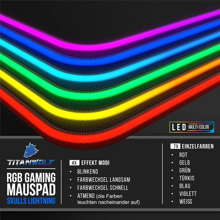 Titanwolf - RGB Gaming Mauspad - XXL LED Schreibtischunterlage - 800x300 mm - Multi Color LED - 11 B