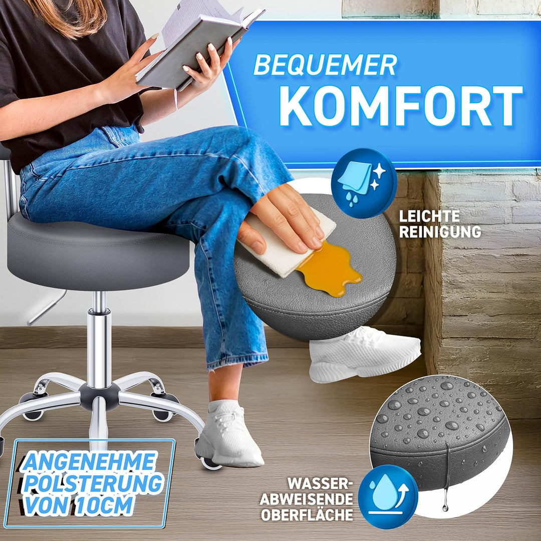 TRESKO® Rollhocker mit Lehne Grau | Arbeitshocker höhenverstellbar 46-58 cm | Drehhocker mit Rollen