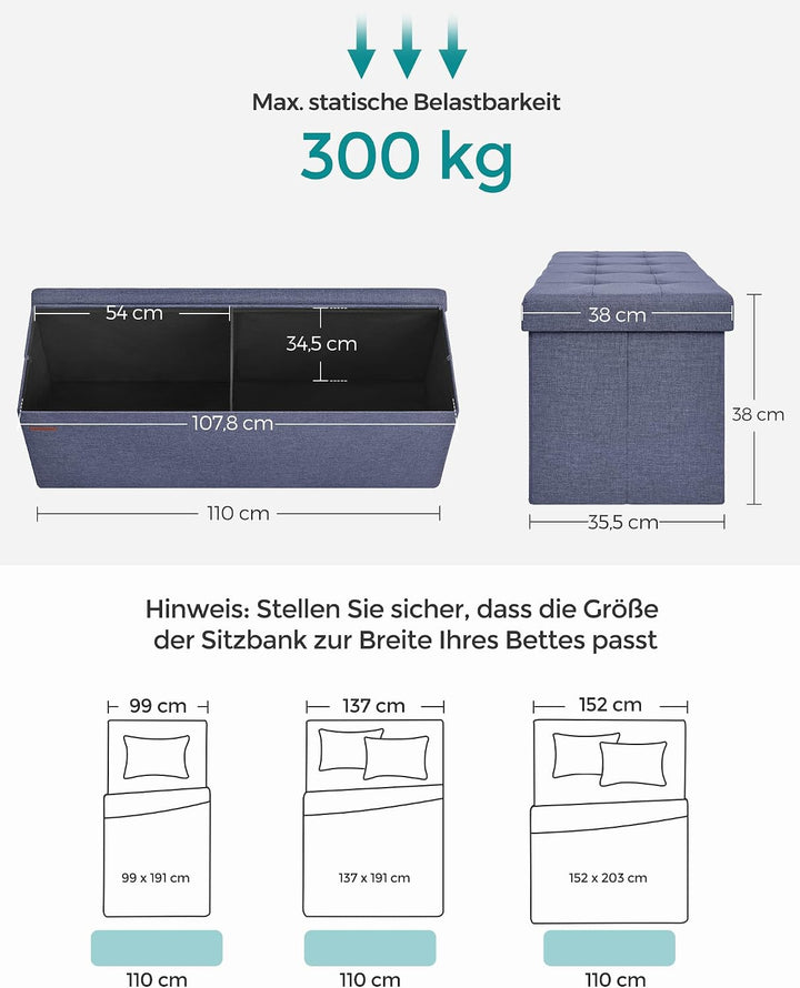 SONGMICS Sitzhocker mit Stauraum, klappbare Sitzbank, 38 x 110 x 38 cm Fussbank, Aufbewahrungsbox, b