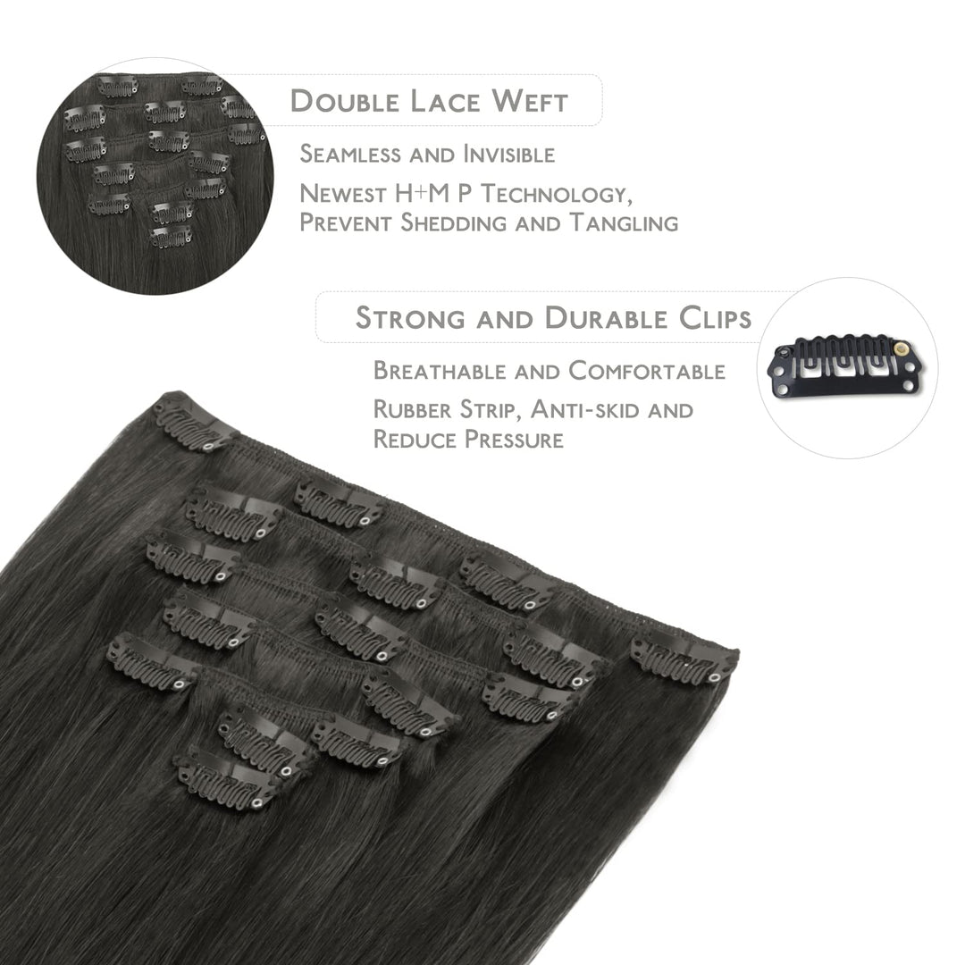 WENNALIFE Clip in Extensions Echthaar, 70g 7pcs 45cm Natürliches Schwarz Echthaar Extensions Clip in