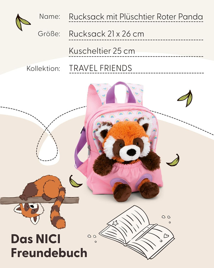 NICI Kinderrucksack rosa 2 in 1 mit Kuscheltier Roter Panda 25cm - Kindergartenrucksack Mädchen & Ju