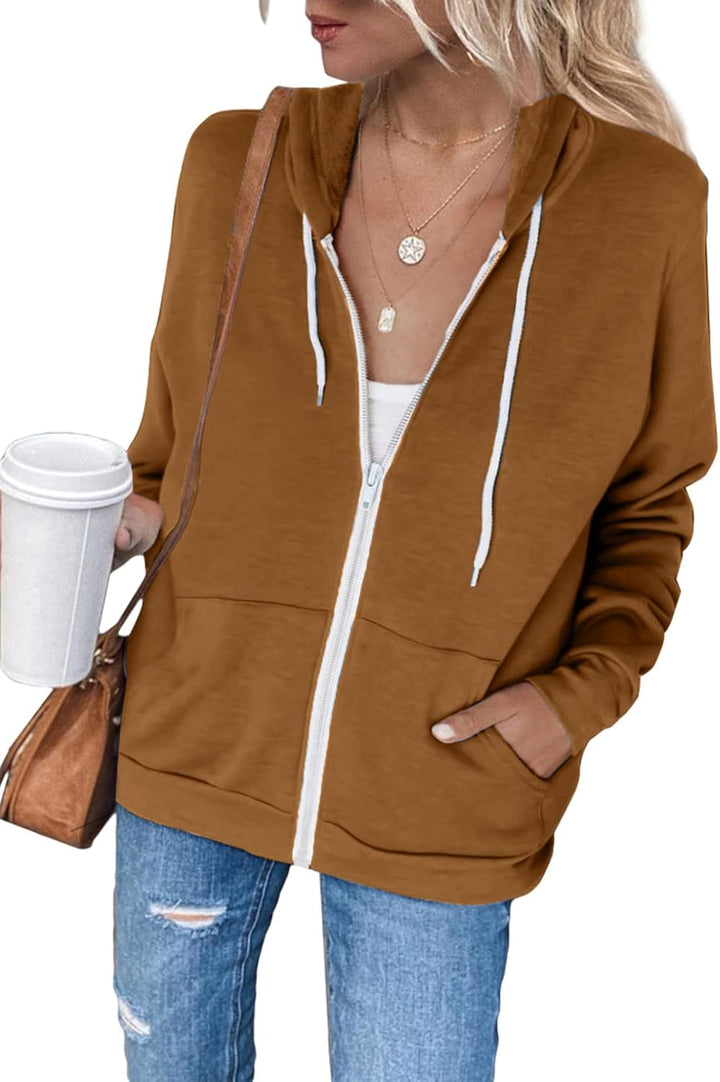 Maavoki Damen Zip Hoodie Langarm Kapuzenpulli Fleece Outwear Jacken Herbst Winter Sweatjacke A-braun
