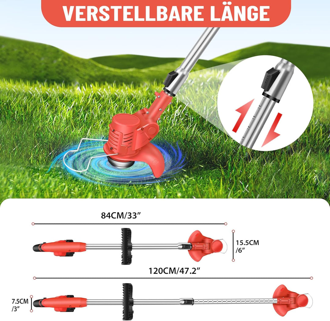 21V Akku Freischneider, Akku-Rasentrimmer Teleskoprohr 84-120cm, 1.5Ah Akku und Ladegerät, 10 Metall
