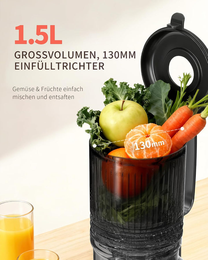 Entsafter Gemüse und Obst Testsieger – Slow Juicer mit 130 mm Extra Breitem Einfüllschacht, Kaltpres