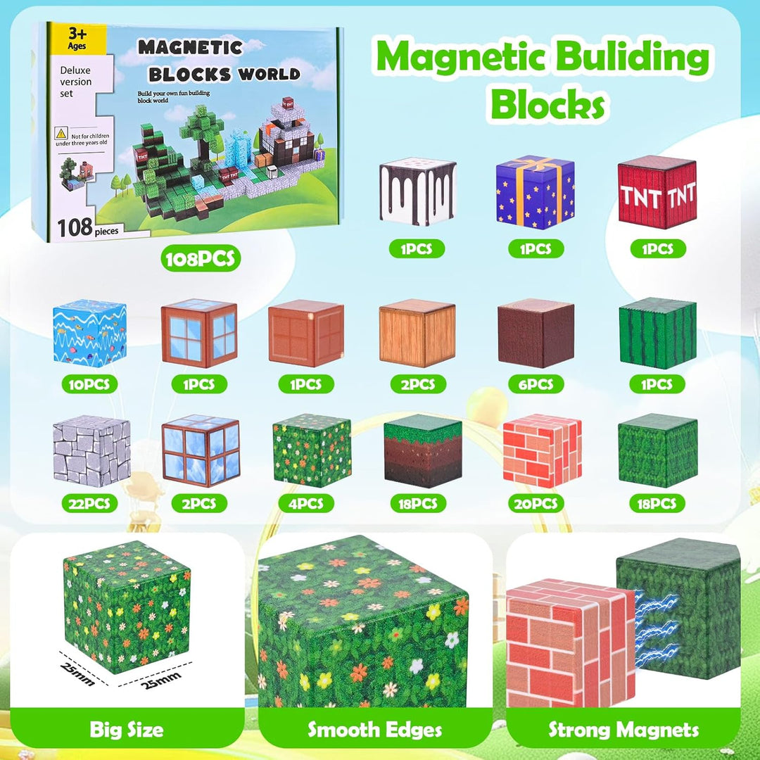 Euakee Magnetische Bausteine, 108 Stück Magnetic Blocks, Bauen Magnetbausteine Welt, Kreative Kinder