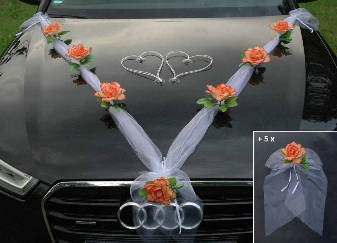 Organza M + Schleife Auto Schmuck Braut Paar Rose Deko Dekoration Autoschmuck Hochzeit Car Auto Wedd