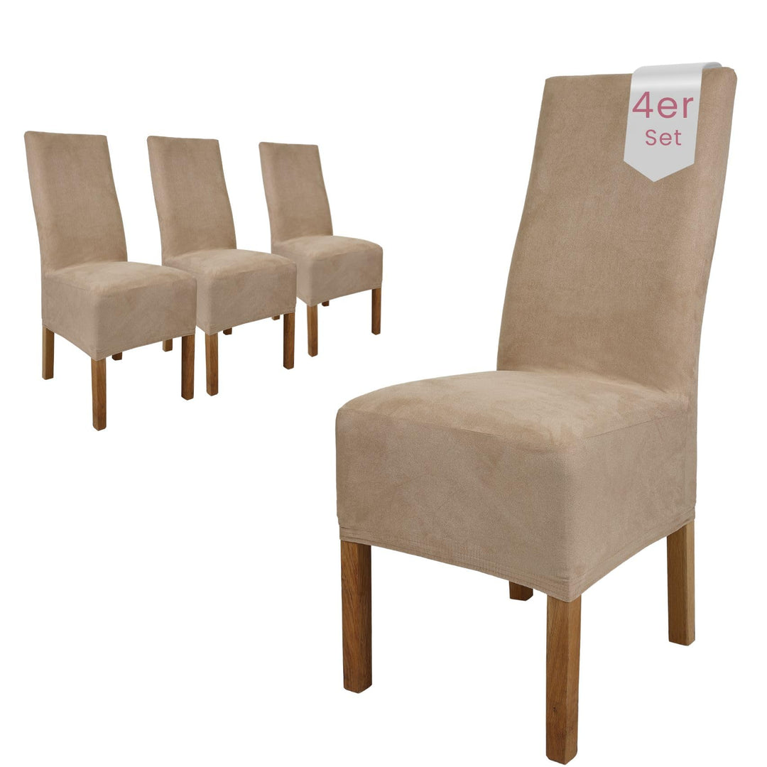 SCHEFFLER-Home Stuhlhussen 4er Set Leon Taupe/elastische Wildleder Hussen für Stühle/Robustes Freisc