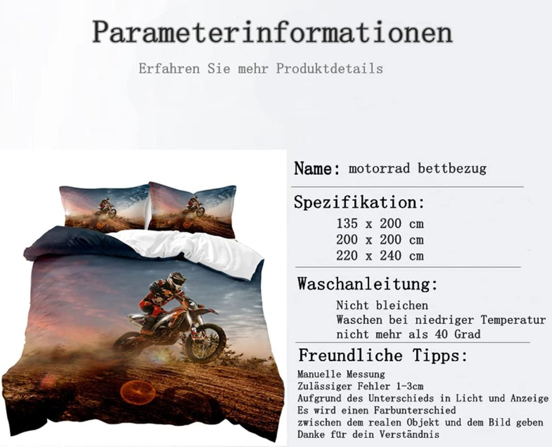 AOXHFNV 3D Motorrad-Bettbezug Motocross-Bettwäsche-Set Motorrad-Rennbettbezug mit Kissenbezug für Te