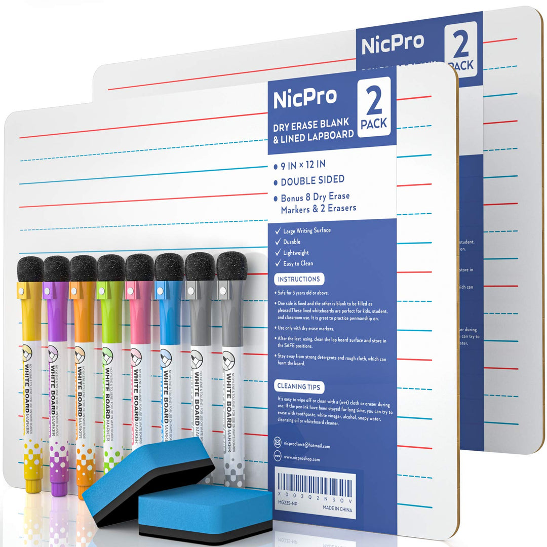 Nicpro 2 Stück Whiteboard Klein A4, Doppelseitiges Desktop Schreibtafel Liniert mit 8 Bunte Stifte,