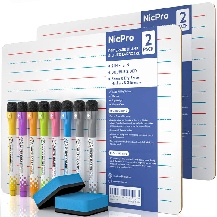 Nicpro 2 Stück Whiteboard Klein A4, Doppelseitiges Desktop Schreibtafel Liniert mit 8 Bunte Stifte,